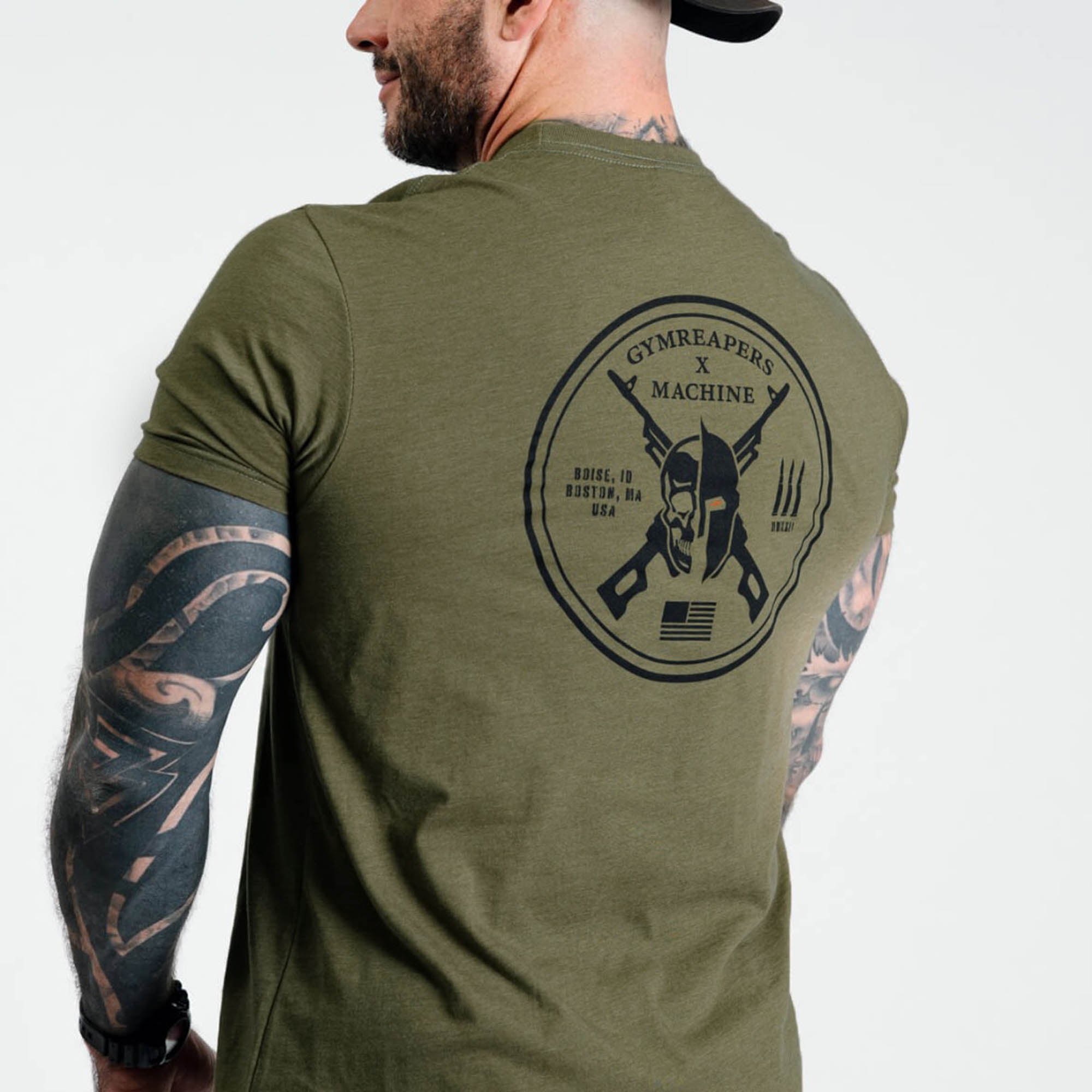 machine 54mm military green tee back close up