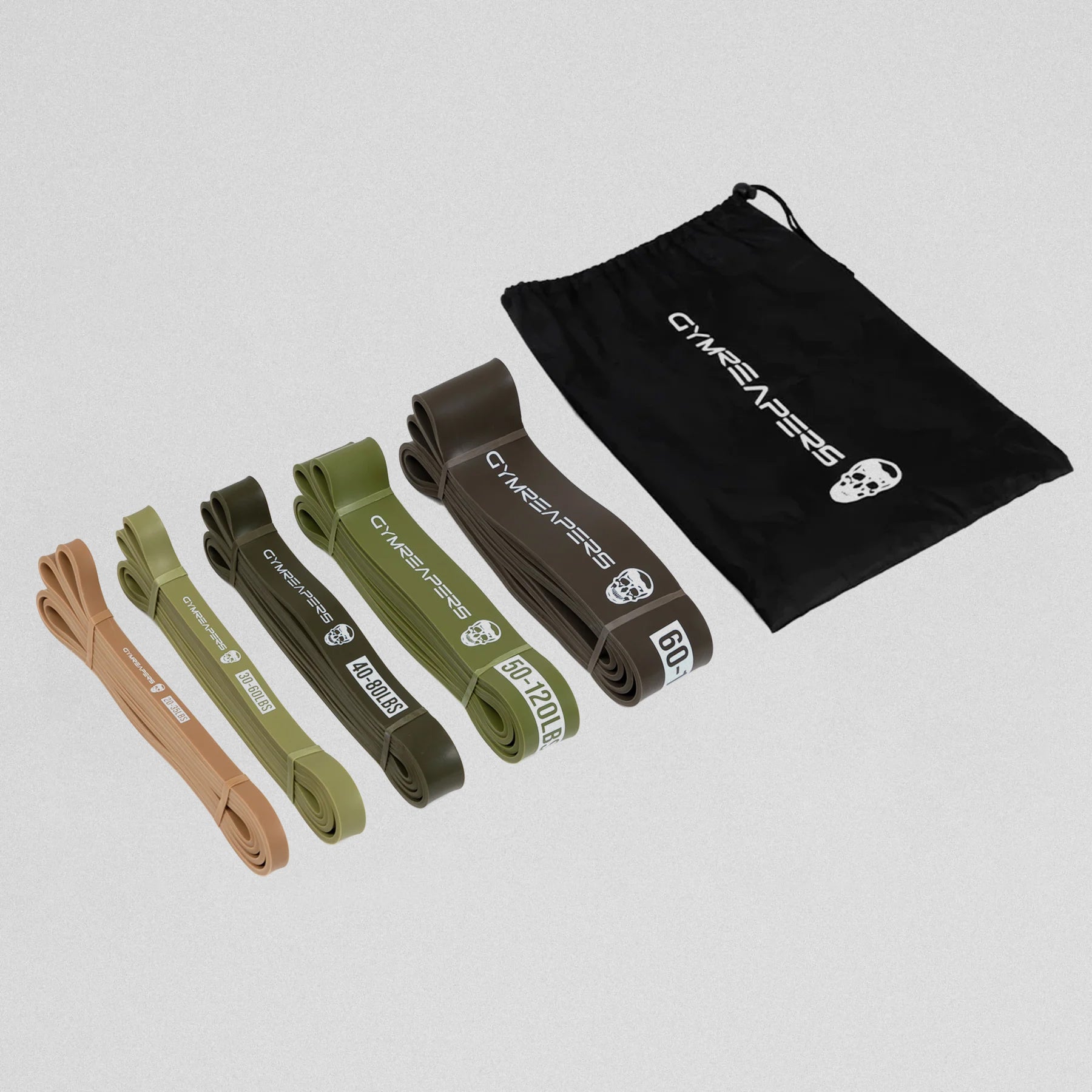 military green resistance bands displayed out with carry bag