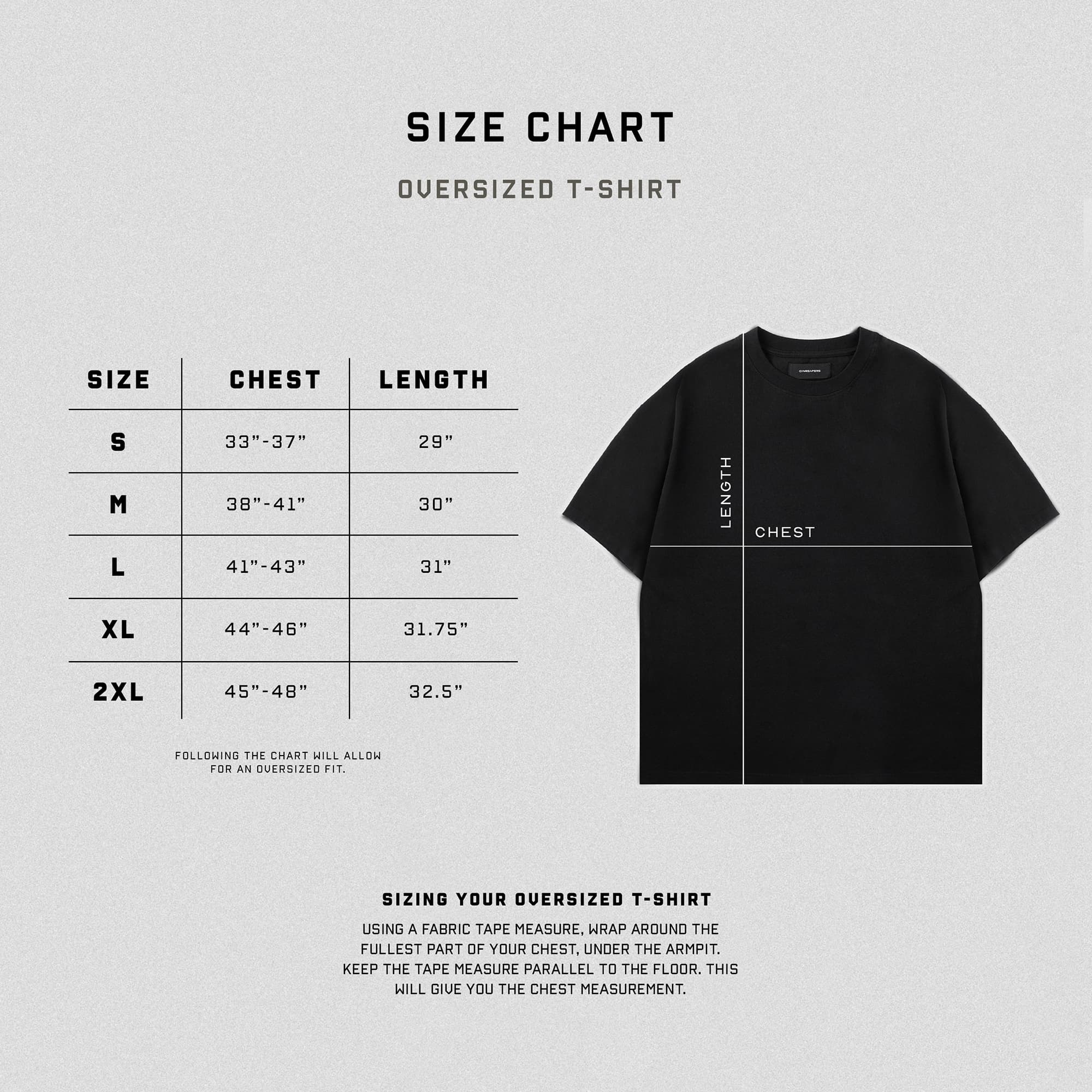 oversized t shirt size chart