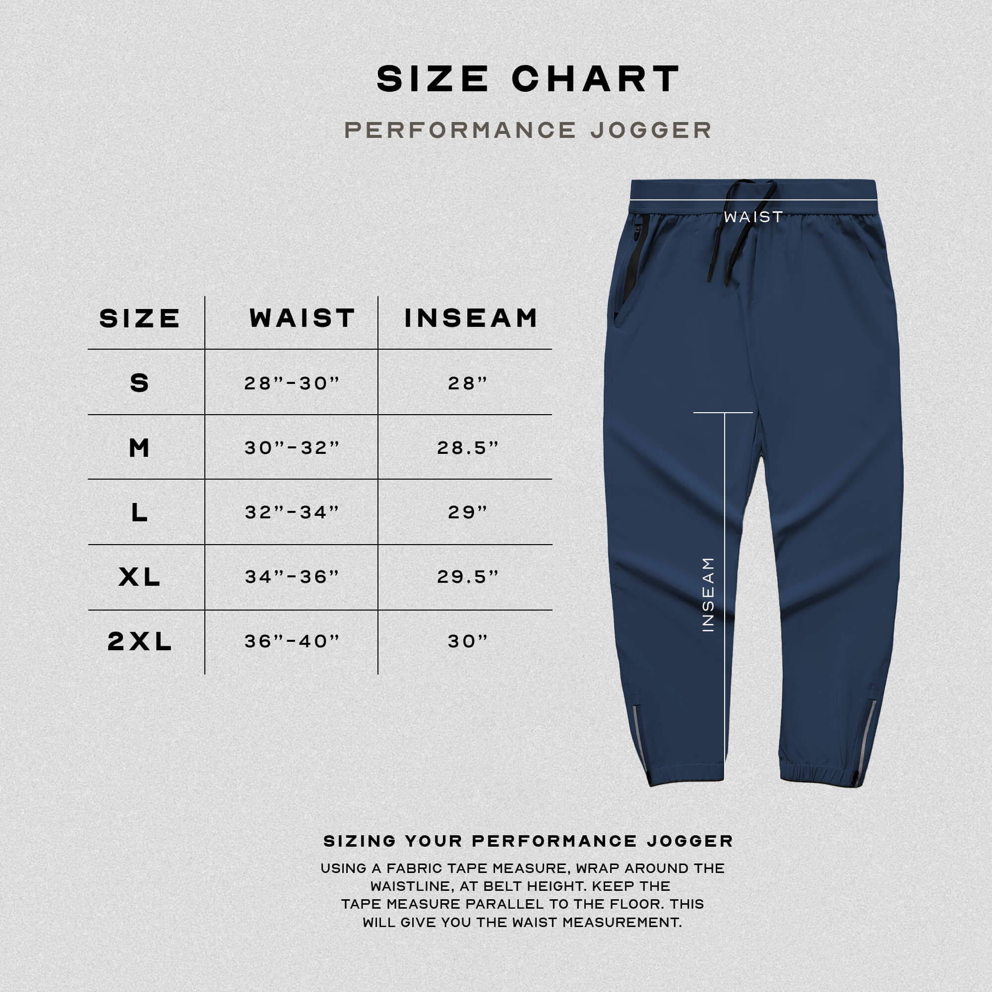 performance jogger navy size guide