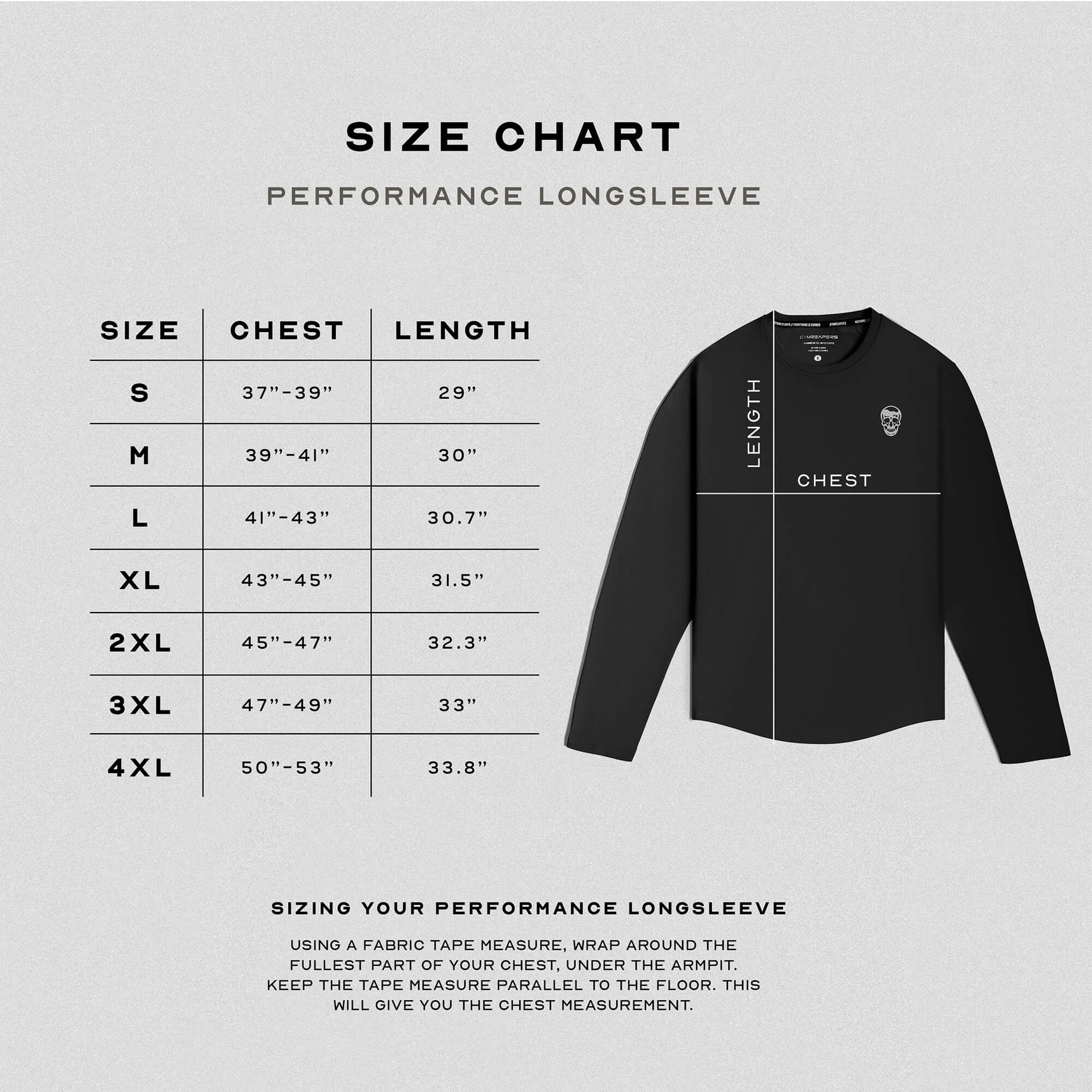 performance long sleeve black size guide