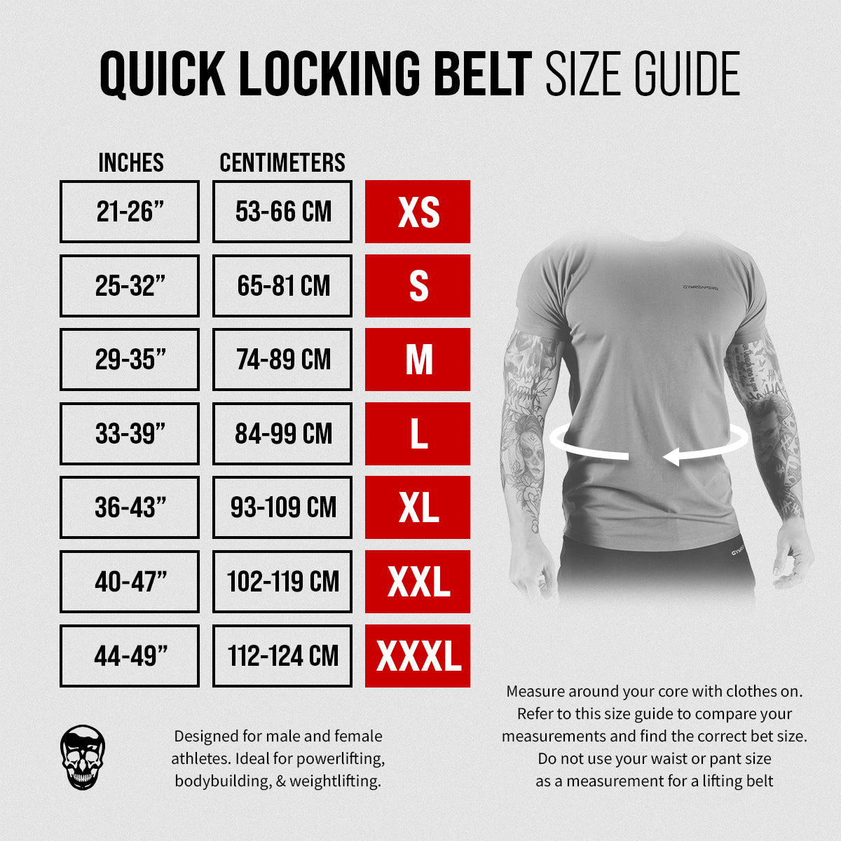 size chart quick locking belt