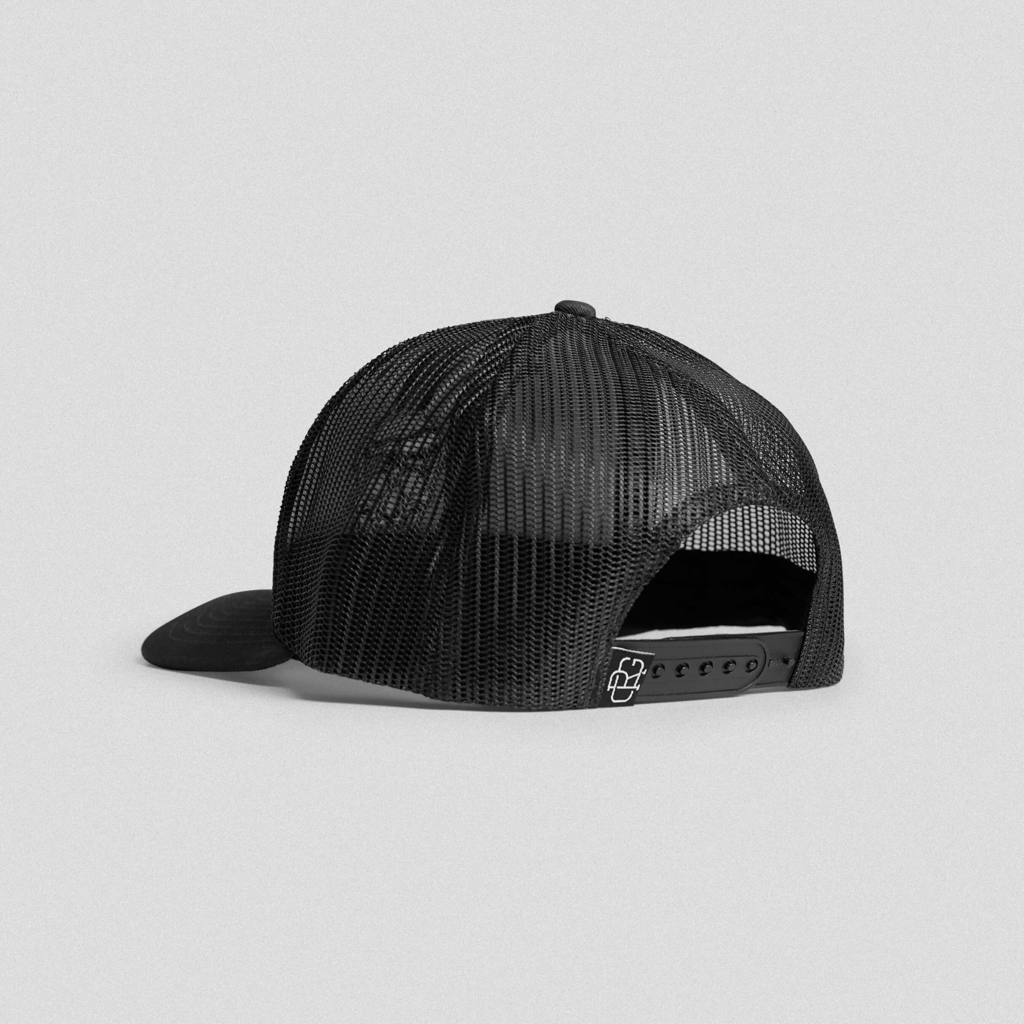 trucker hat black white back