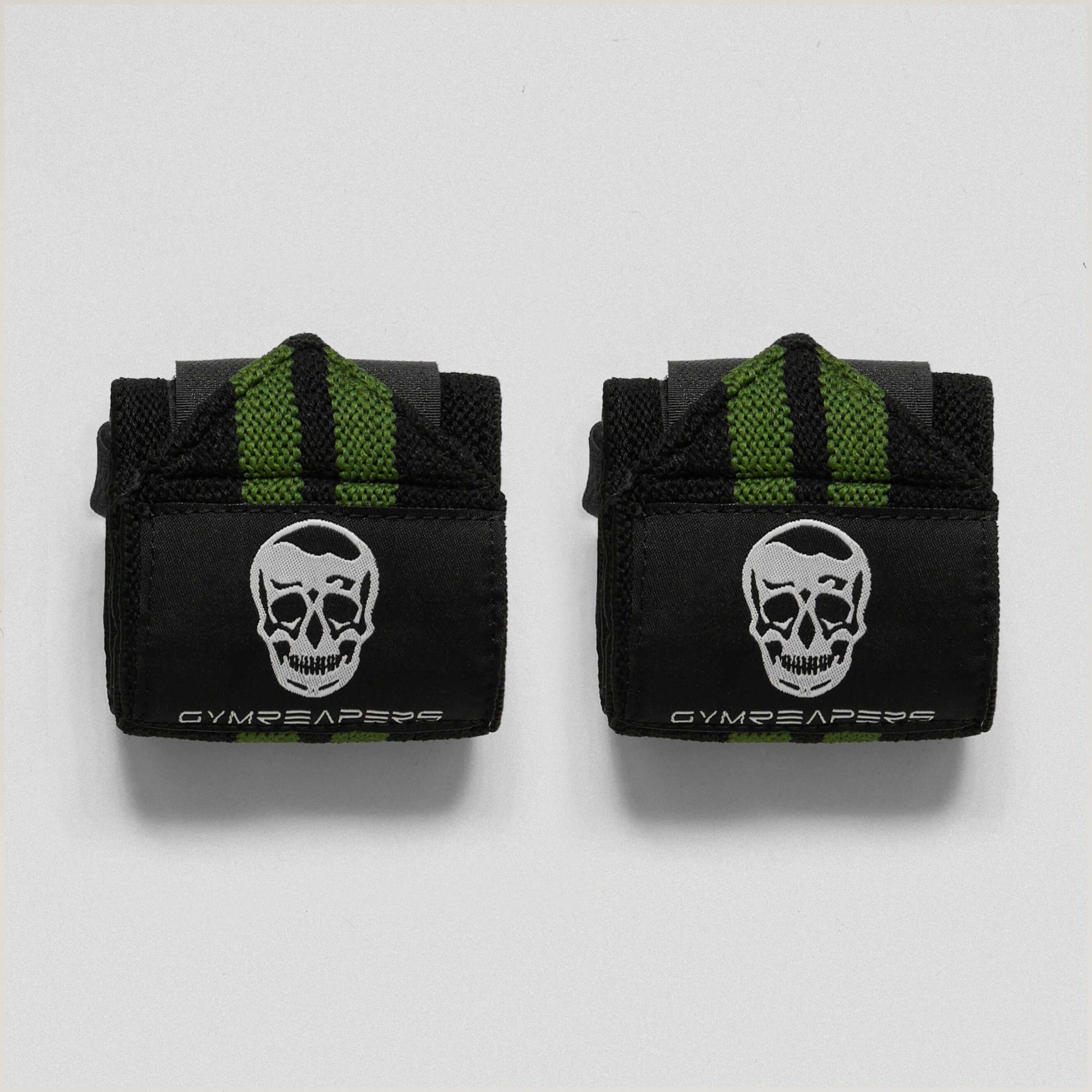 Premium 18" gymreapers wrist wraps in the black and green colorway close up detail shot