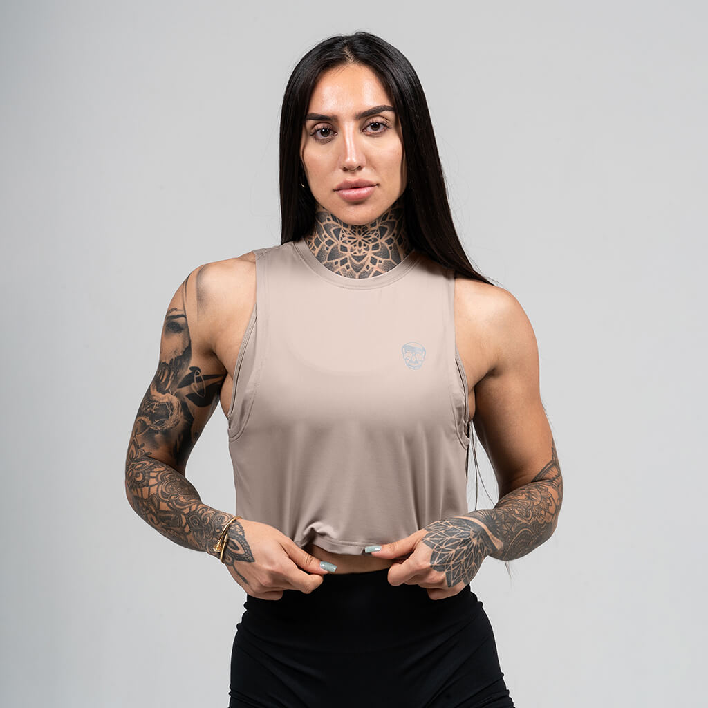 womens performance tank taupe front